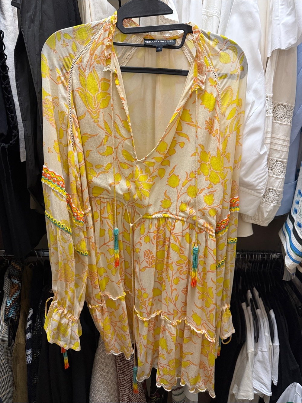 HEMANT & NANDITA Cream and Yellow Floral Tiered V-Neck Long Sleeve Dress